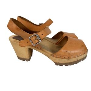 Womens Boho Tan Leather Wooden Clogs Open Toe Slingback Buckle Platform EU 39